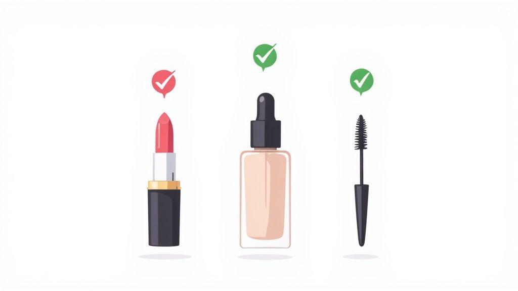 A collection of clean makeup products from brands like Axiology and ILIA arranged on a clean, modern surface.