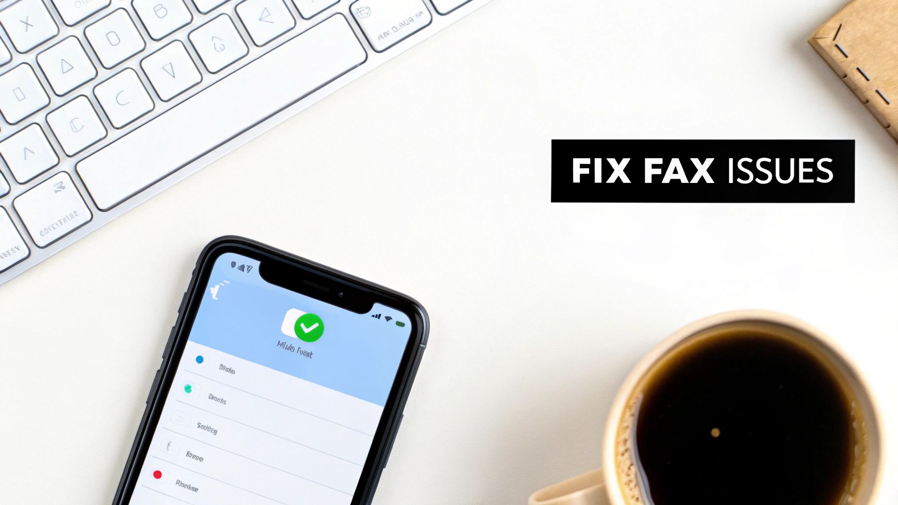 Overhead shot of a white desk with a keyboard, iPhone displaying an app, coffee, and text 'FIX FAX ISSUES'.