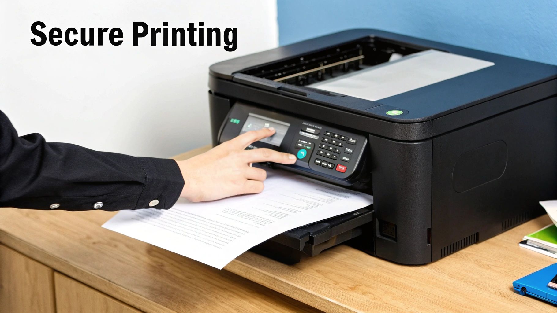A hand presses buttons on a black multifunction printer, printing documents on a wooden desk.