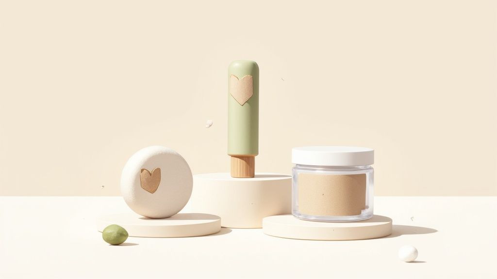 Several beauty products in minimalist, biodegradable packaging arranged neatly.