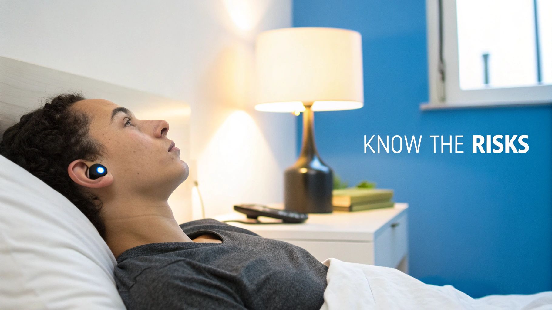 A person sleeping peacefully in bed with sleep-friendly headphones on.