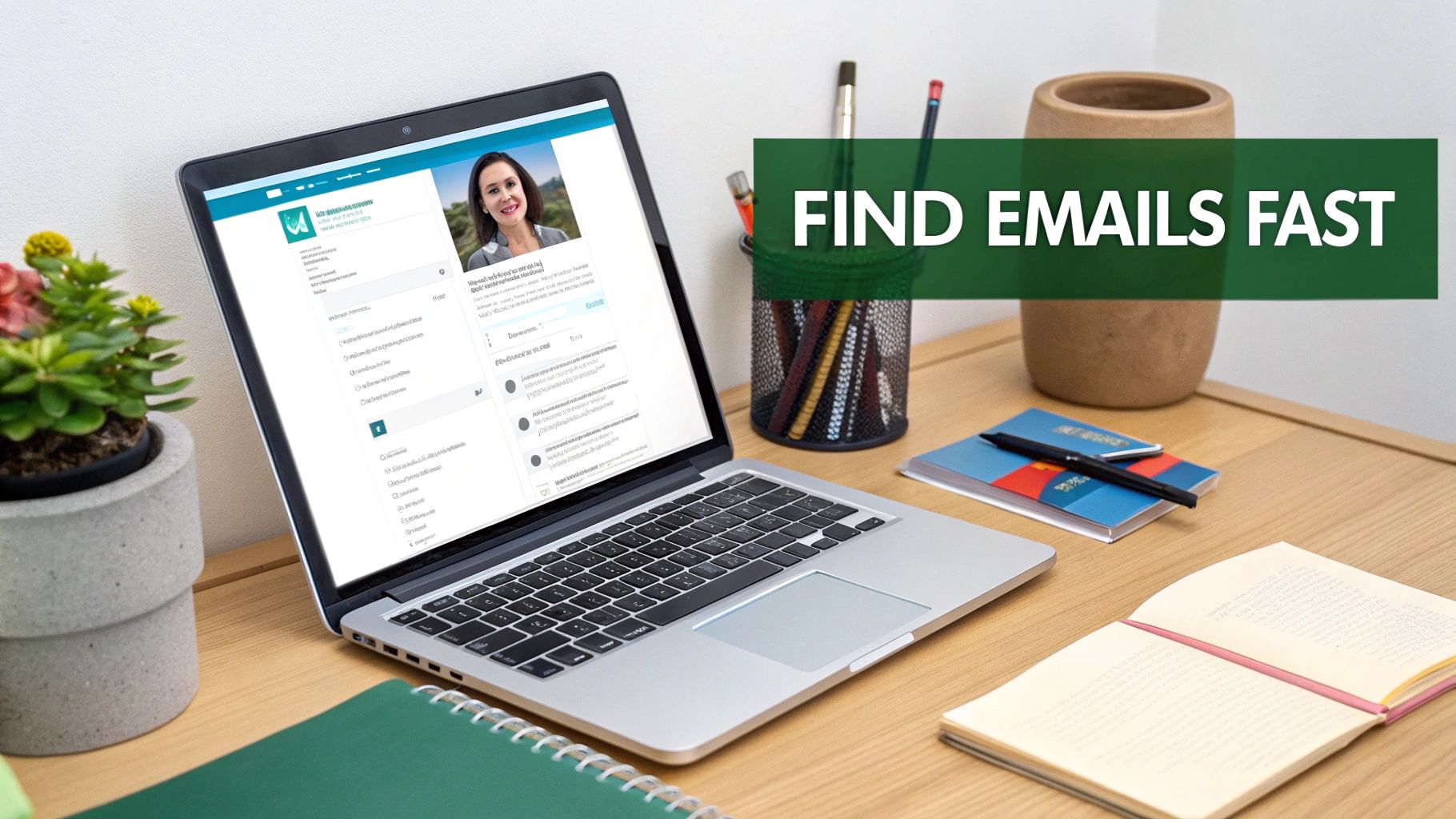 A laptop on a wooden desk displays a profile, surrounded by a plant, office supplies, and notebooks.