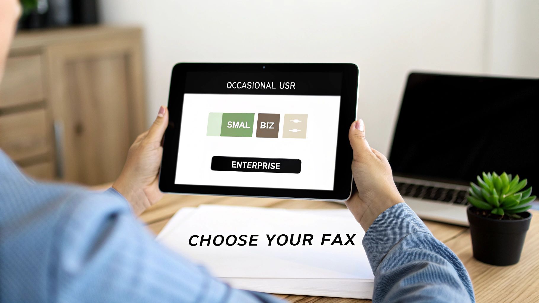 Person holding a tablet showing 'CHOOSE YOUR FAX' options for occasional, small business, and enterprise plans.