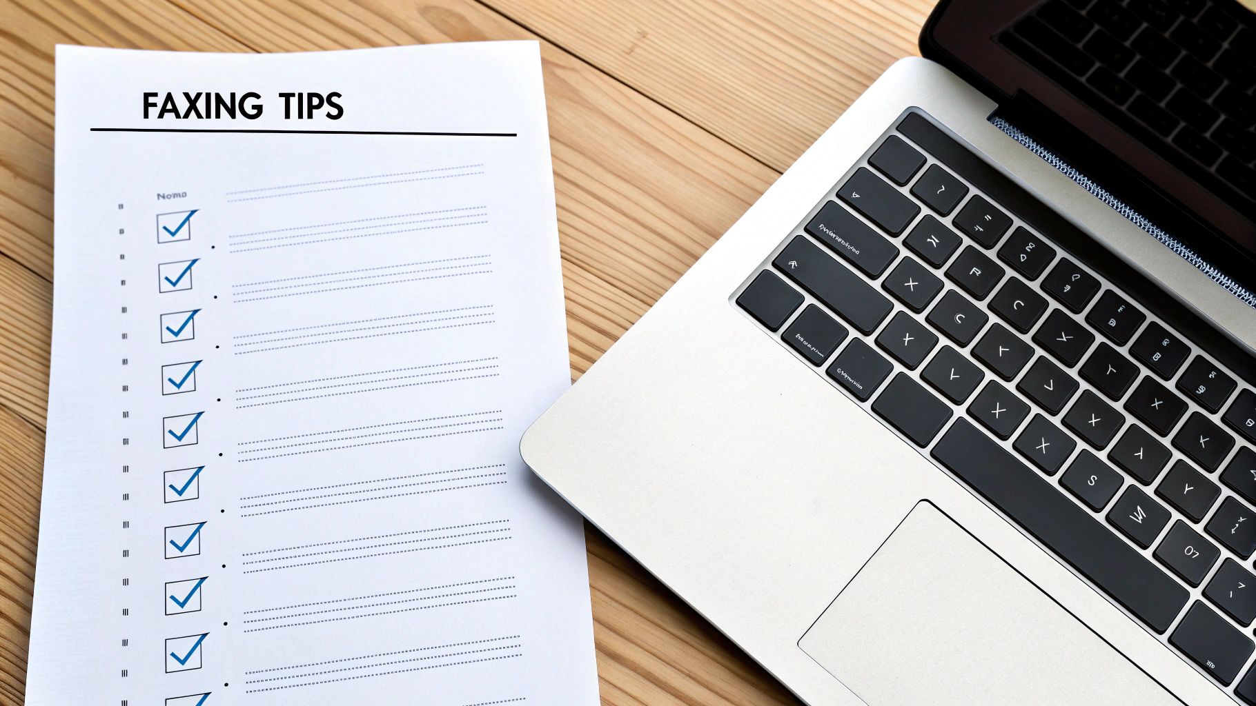 A 'FAXING TIPS' checklist document with checked boxes next to a silver laptop on a wooden desk.
