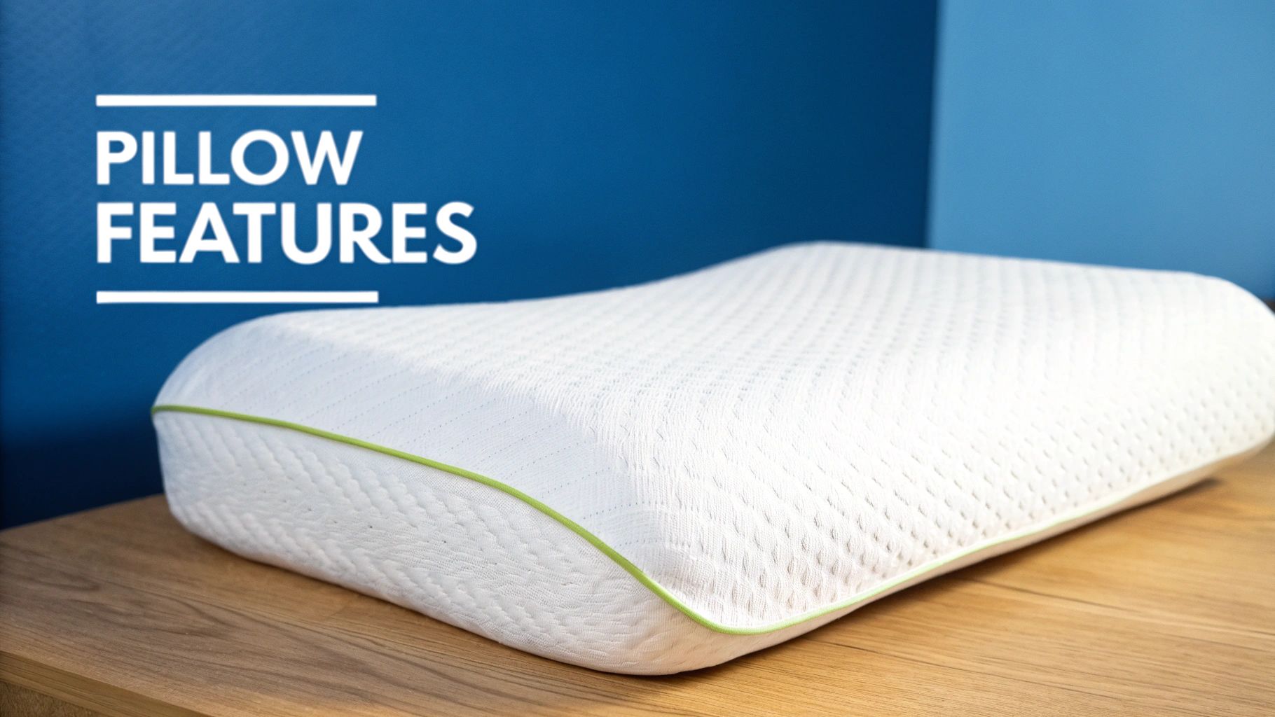A contoured white memory foam pillow with a green trim rests on a wooden table against a blue wall. Text overlay reads 'Pillow Features'.