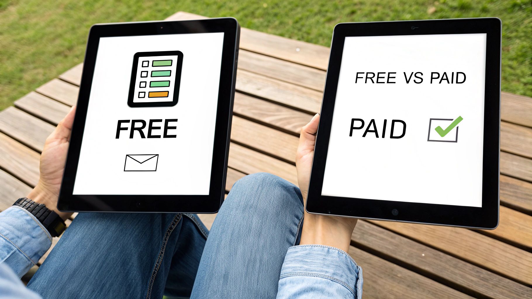 Hands holding two tablets displaying 'FREE' and 'PAID' options with relevant icons.