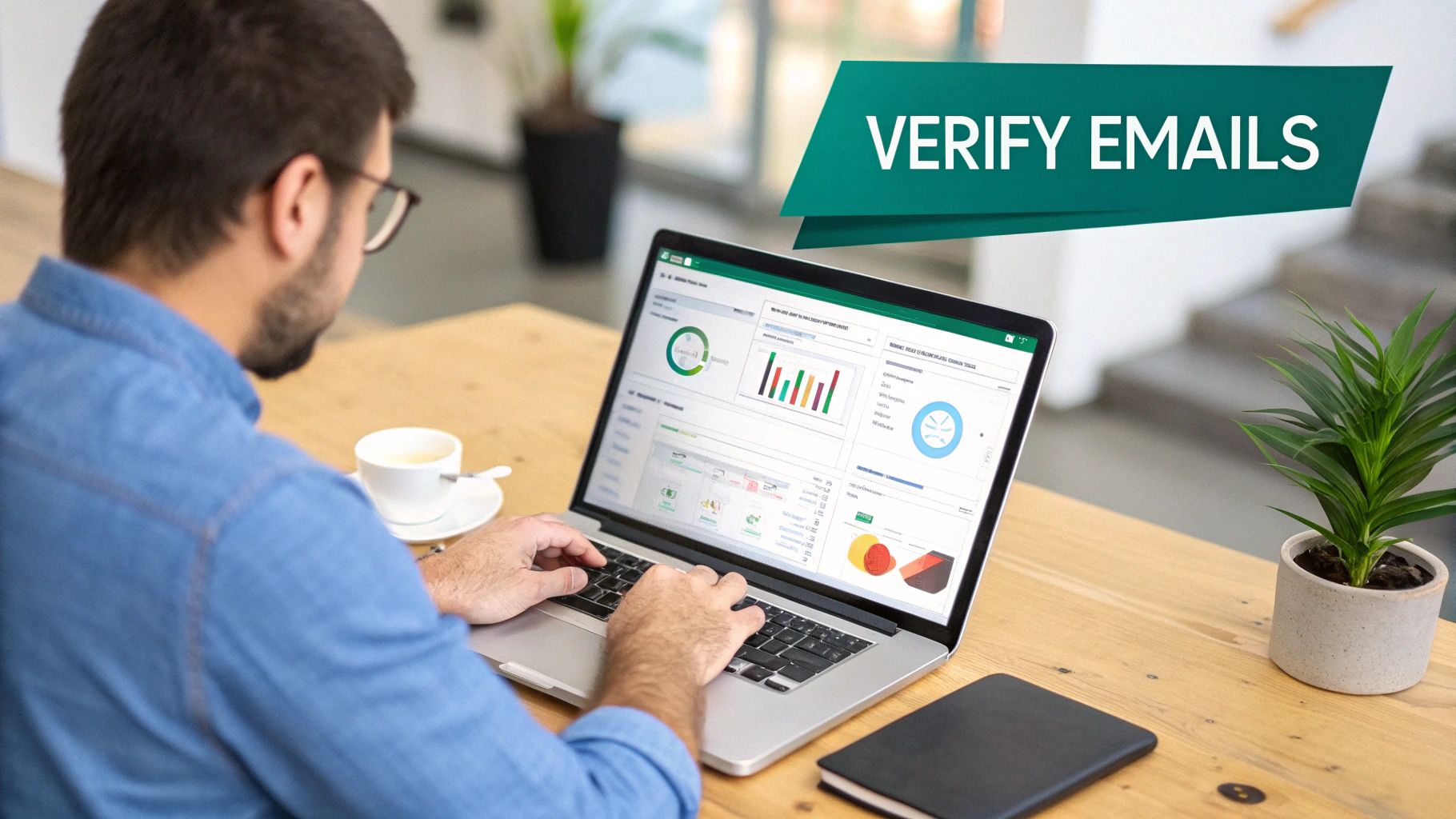Professional man using laptop computer to verify email addresses with analytics dashboard display