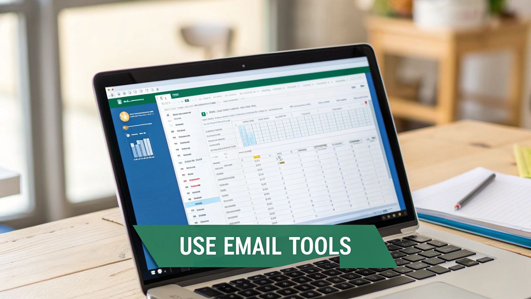 A laptop displaying an email management tool with data lists on a wooden desk, emphasizing the use of email tools.