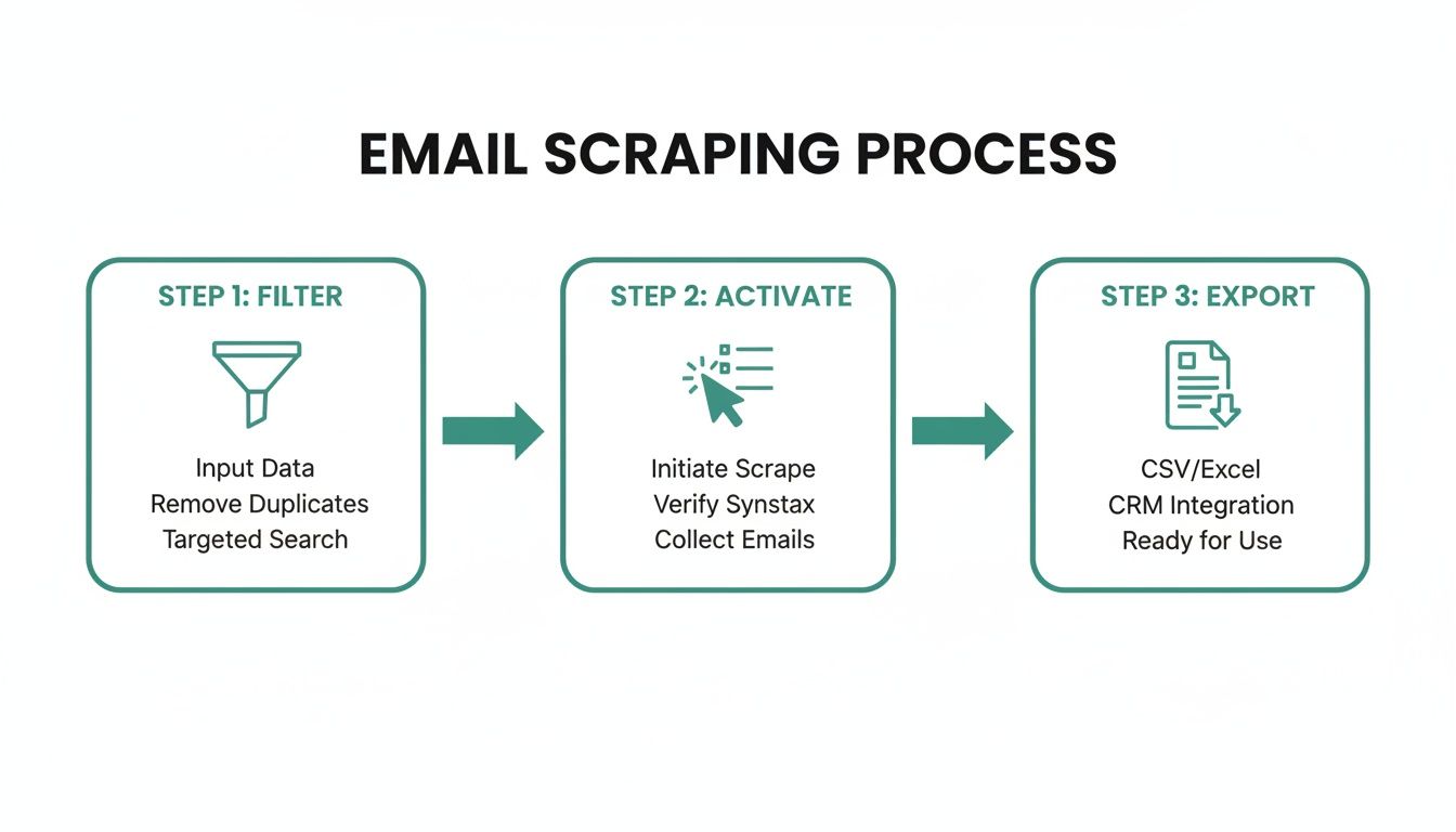 A flowchart detailing the three-step email scraping process: filter, activate, and export data.