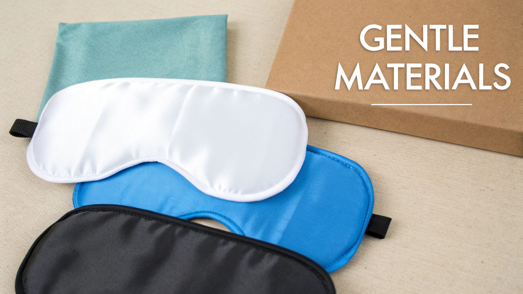 Three colorful sleep masks and a fabric pouch, highlighting gentle materials for comfort.