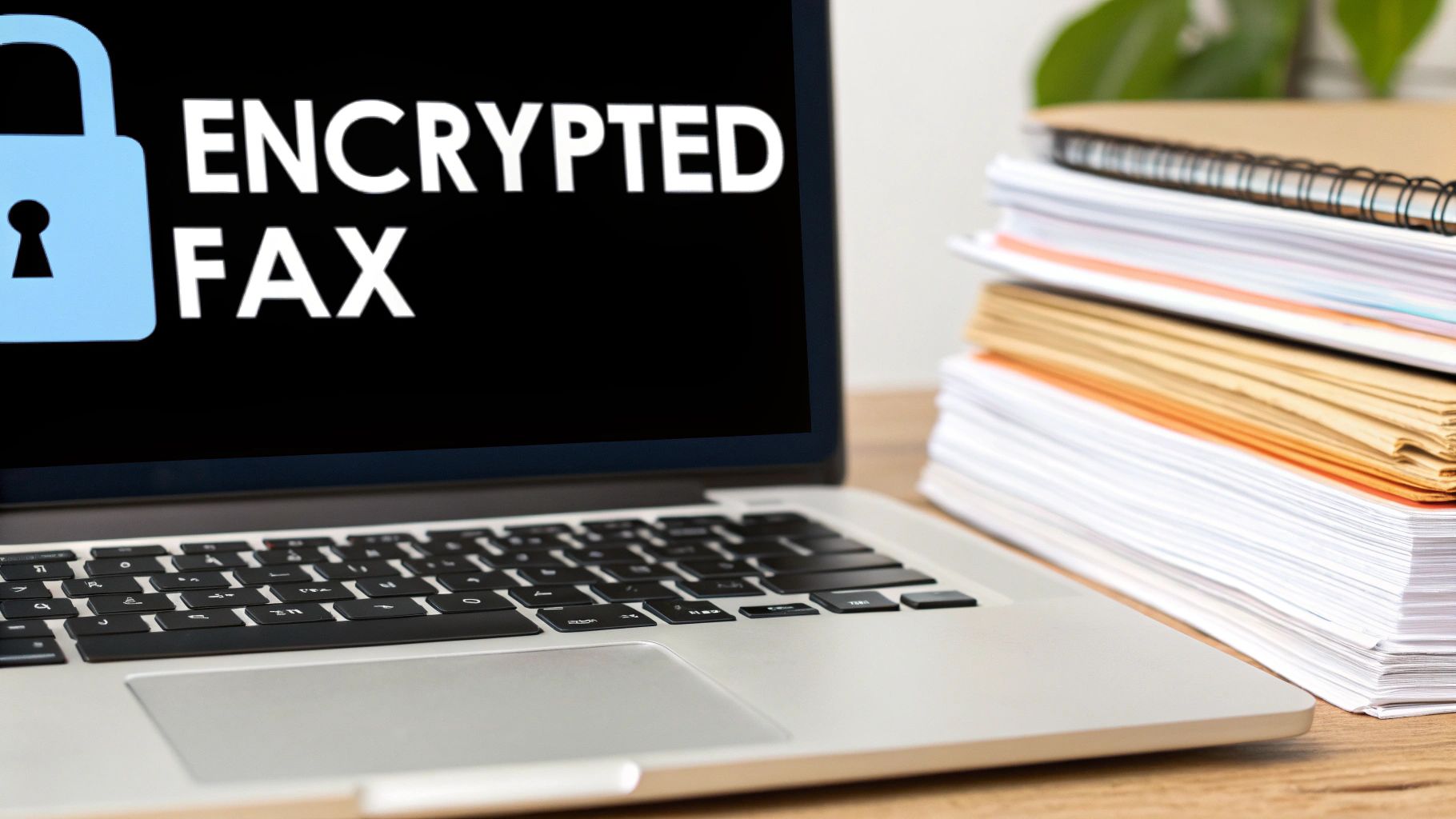 Laptop screen showing 'ENCRYPTED FAX' with a padlock icon, alongside a stack of office documents.