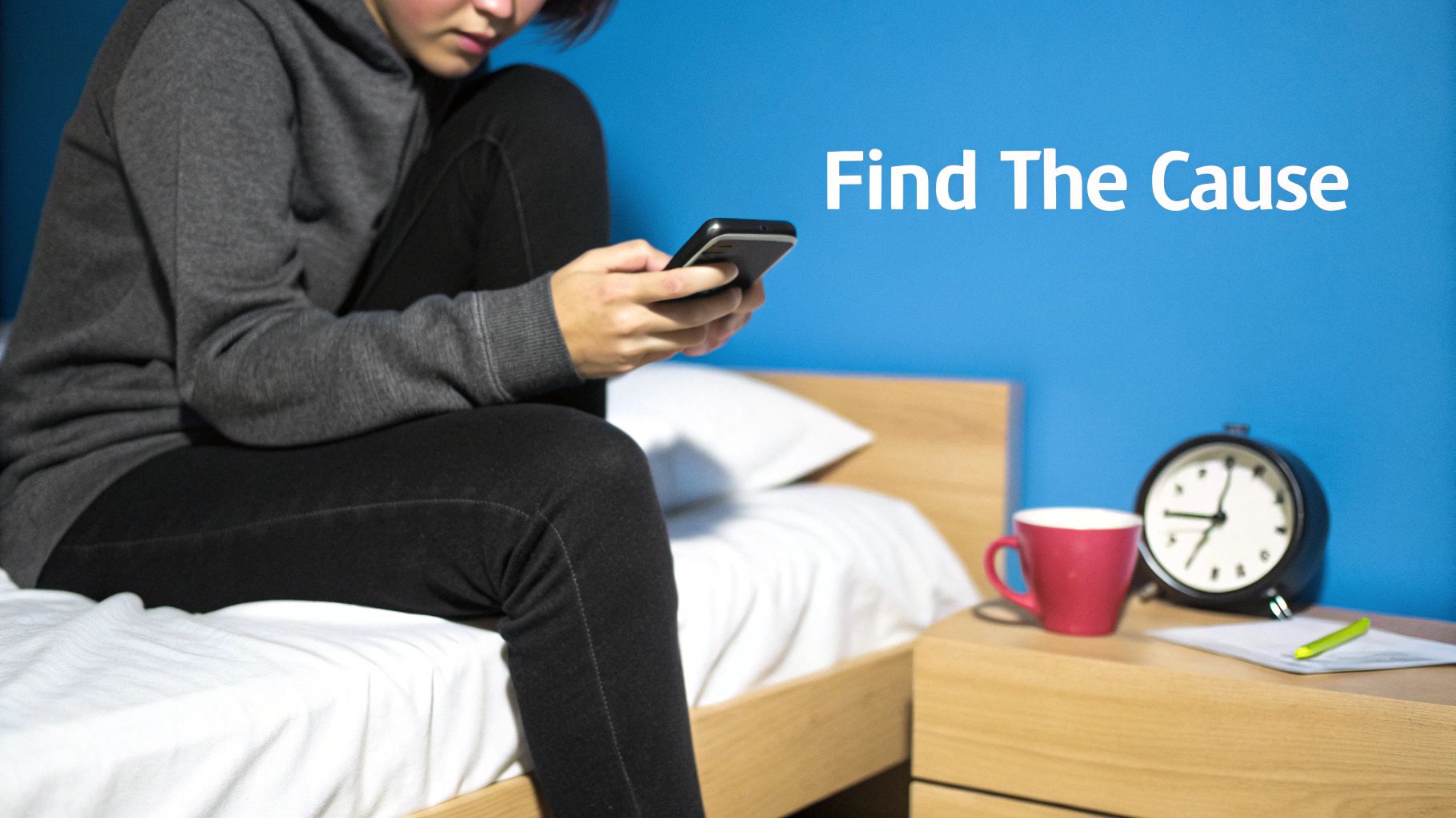 A young person sits on a bed, using their smartphone, with an alarm clock and mug on the nightstand.