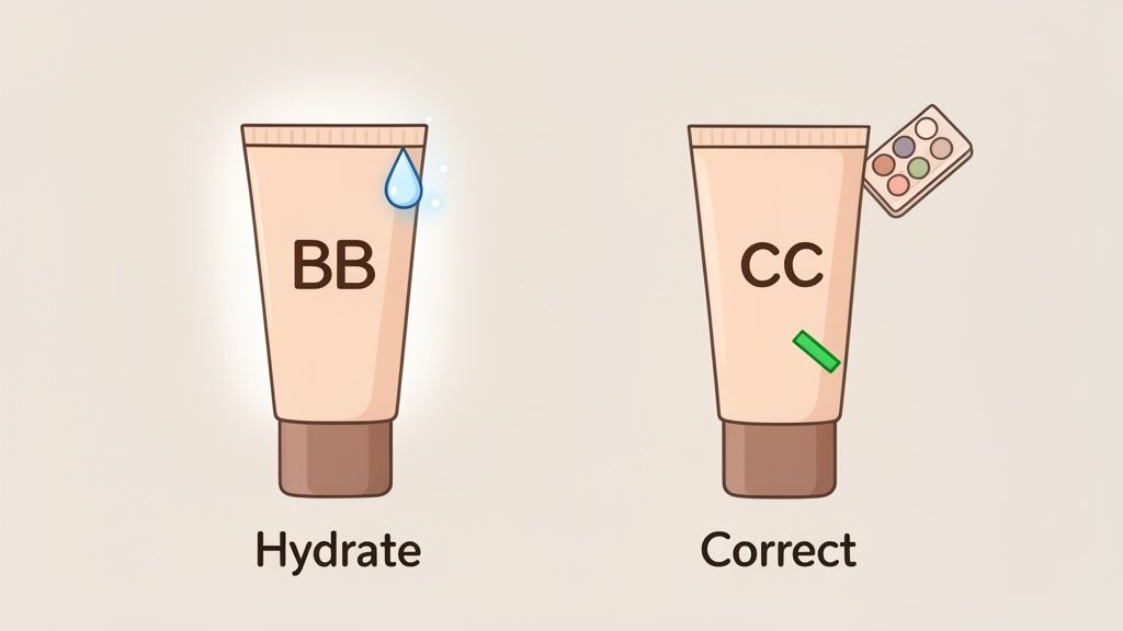 Illustration comparing BB and CC creams, showing BB cream for hydration and CC cream for color correction.