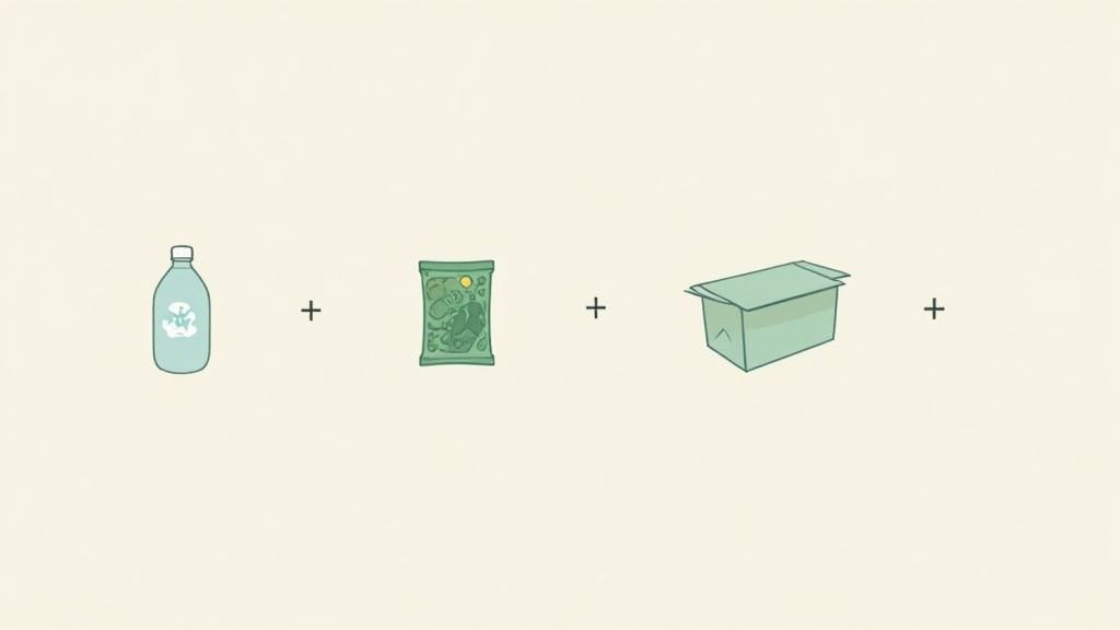 Cartoon illustrations of a bottle, a snack bag, and a cardboard box, separated by plus signs, on a light background.