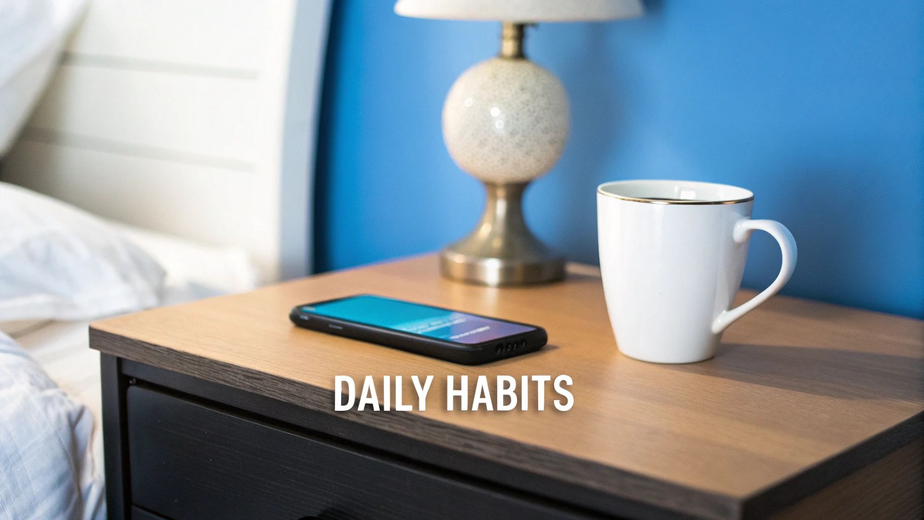 A smartphone, white mug, and lamp on a wooden bedside table, representing daily habits.