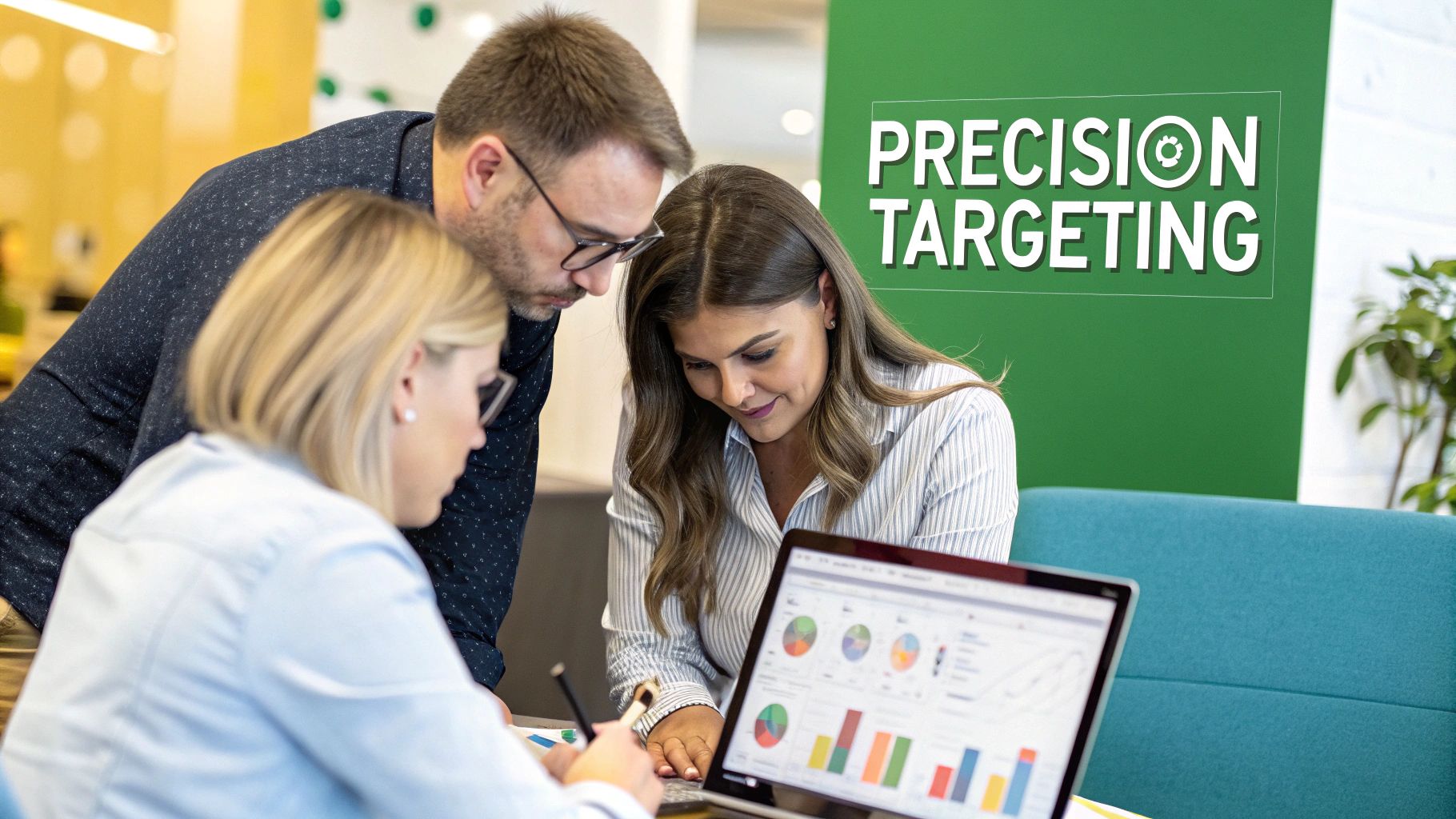 A group of diverse people looking at a business presentation on a laptop, symbolizing a target audience.