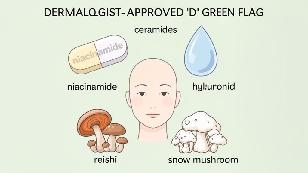 A diagram showing dermatologist-approved skincare ingredients: niacinamide, ceramides, hyaluronic acid, reishi, and snow mushroom.
