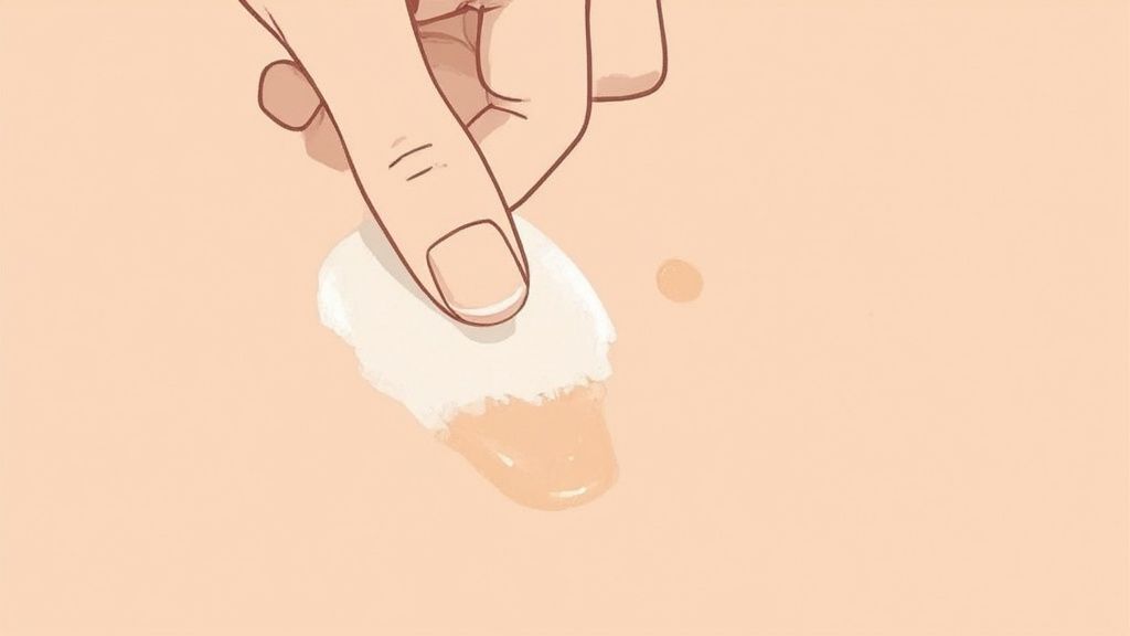 A woman smiles while applying Axiology's multi-use color stick to her cheekbones, demonstrating a layering technique.