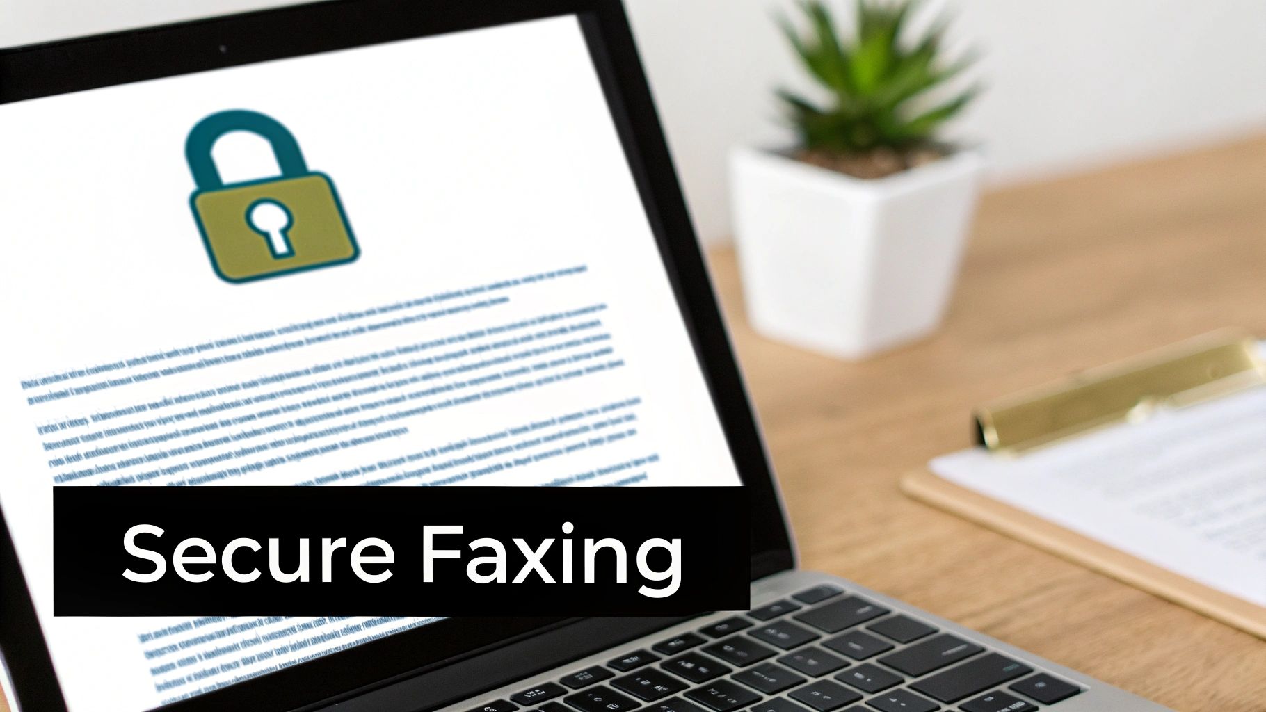 A laptop screen displays "Secure Faxing" text and a padlock icon, suggesting secure online communication.