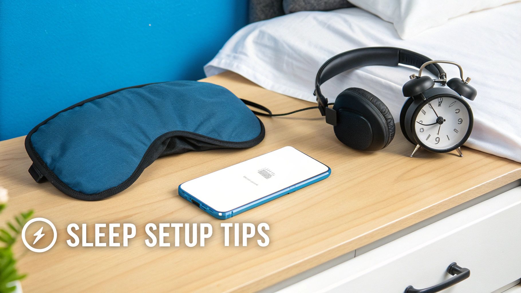 A blue sleep mask, white smartphone, black headphones, and alarm clock on a nightstand.