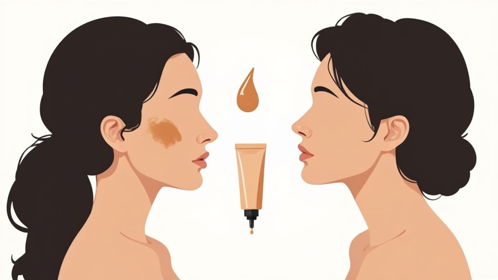 Woman looking in the mirror, noticing her foundation has oxidized and appears slightly darker than her neck.