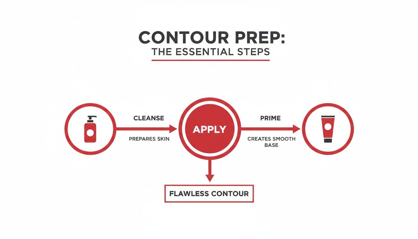 A diagram illustrating essential contour prep steps: cleanse, apply, and prime for a flawless contour.