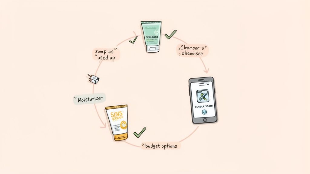 A diagram illustrating a skincare routine cycle with cleanser, phone app, sunscreen, and moisturizer, emphasizing replacement and budget.