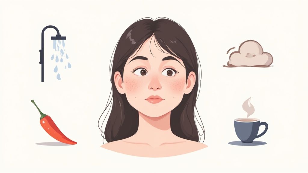 A person gently touching their cheek, which has a slight redness, suggesting skin irritation.