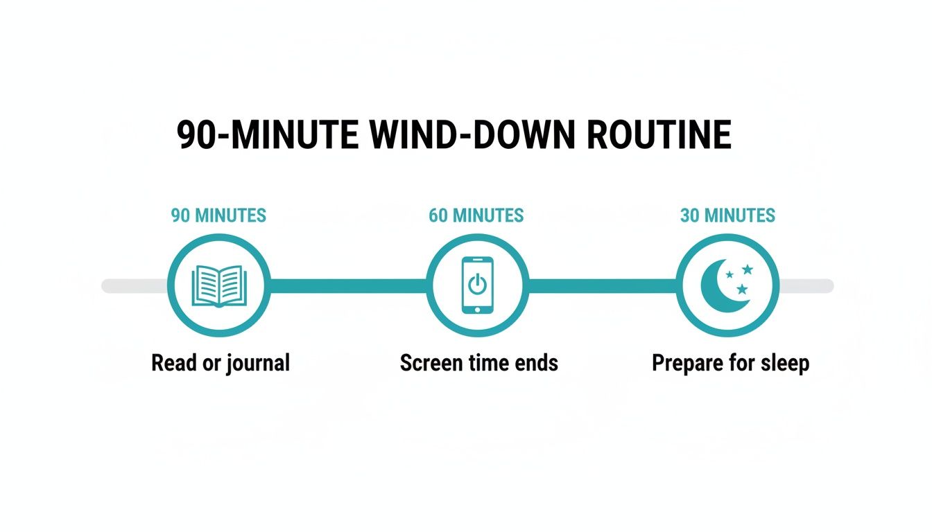 A graphic showing a 90-minute wind-down routine: read, screen time ends, prepare for sleep.