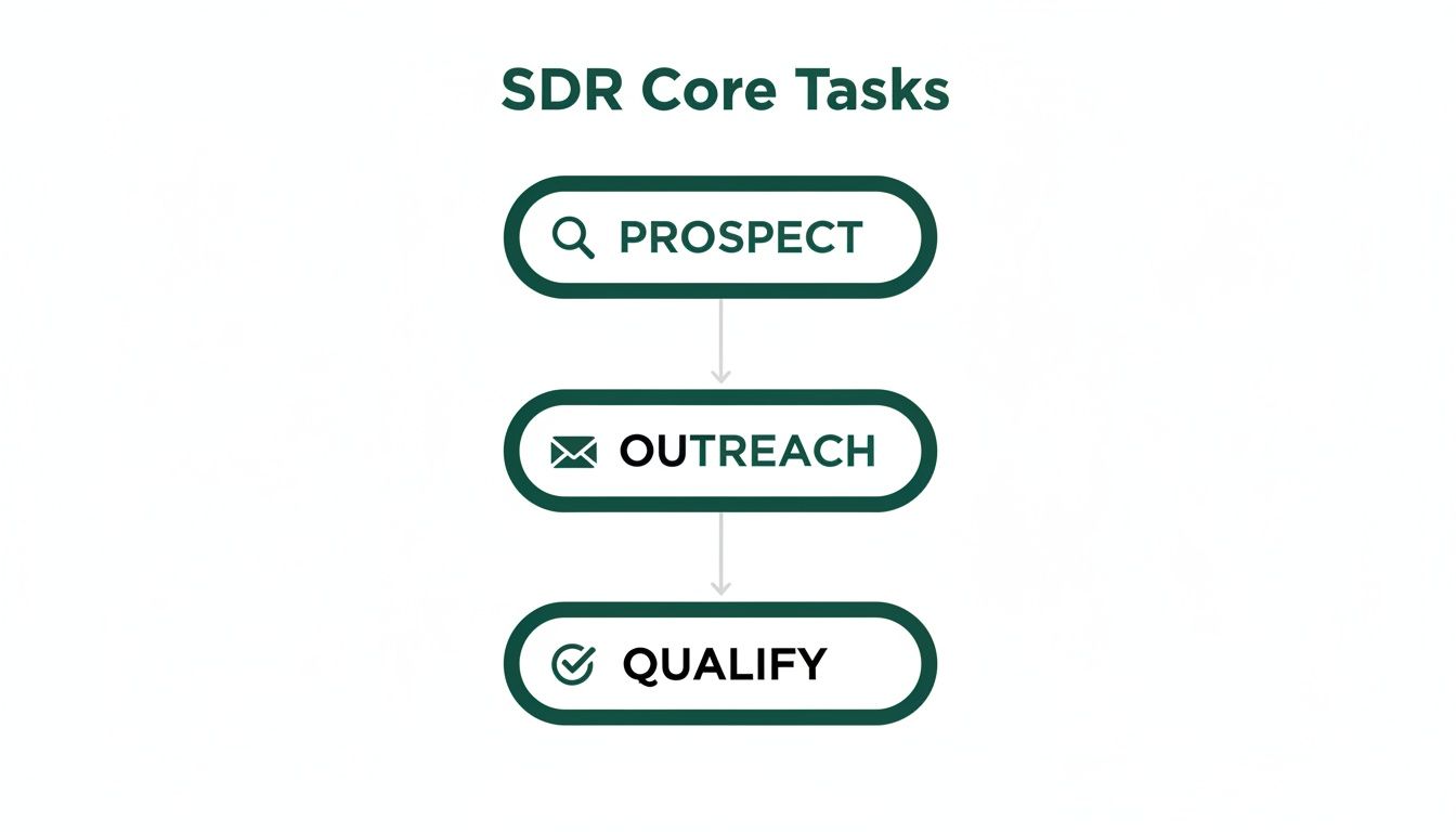 A flowchart titled 'SDR Core Tasks' showing three steps: Prospect, Outreach, and Qualify, connected by arrows.