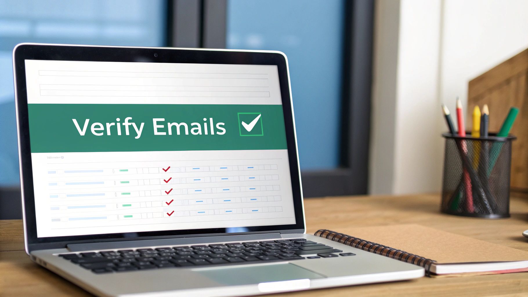 A laptop screen displays 'Verify Emails' with a checkmark and a list of verified items on a wooden desk.