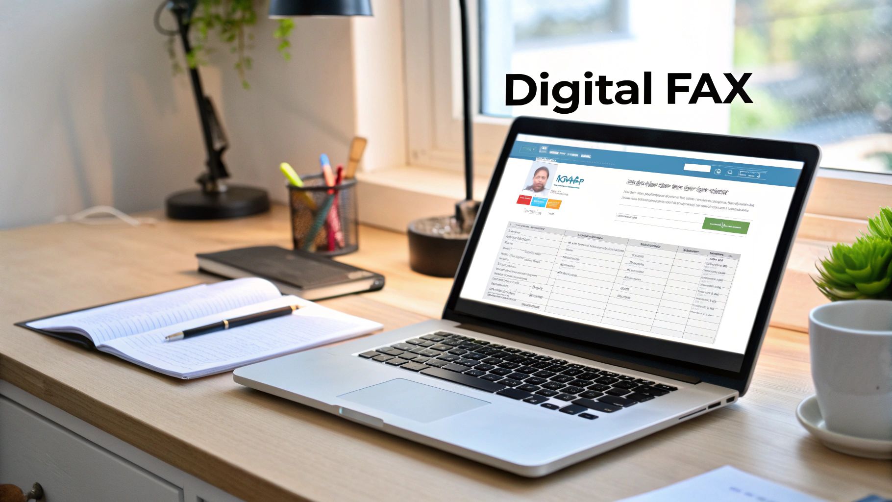 A laptop on a wooden desk displays a digital fax interface, surrounded by office supplies.