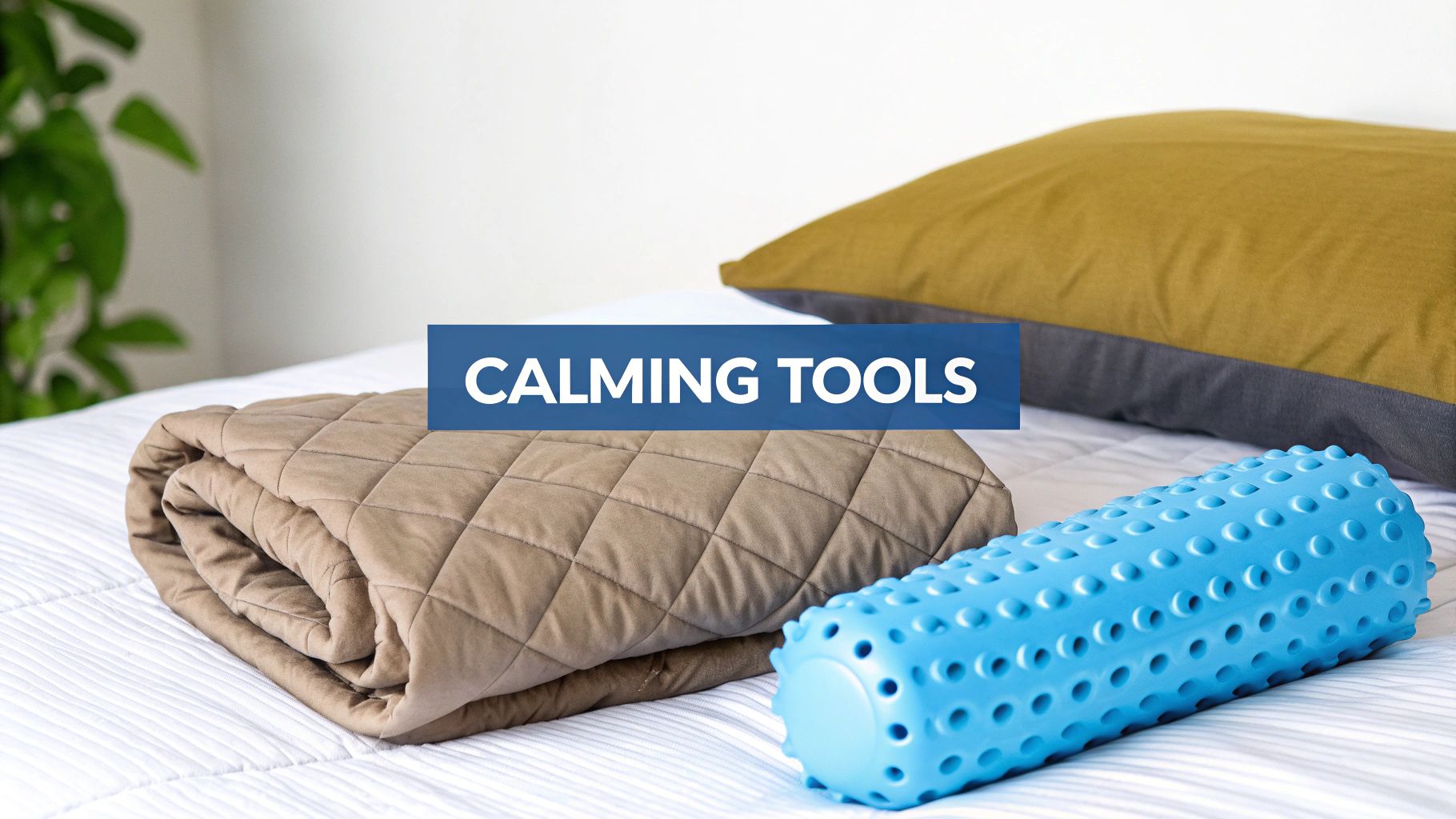 A weighted blanket, blue foam roller, and pillow on a bed, labeled 'CALMING TOOLS'.