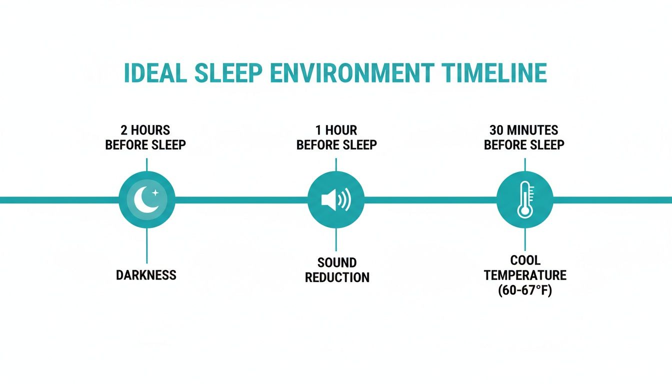 Timeline graphic illustrating ideal sleep environment practices: darkness, sound reduction, and cool temperature before sleep.