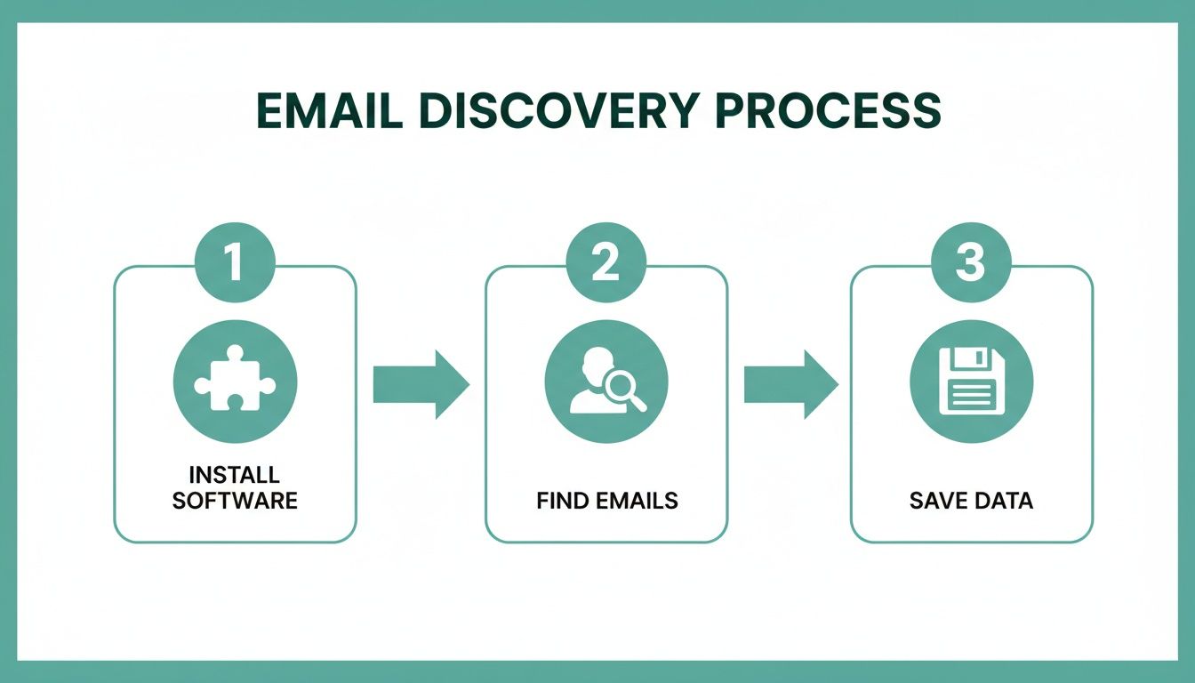 A three-step diagram illustrates the email discovery process: install software, find emails, save data.