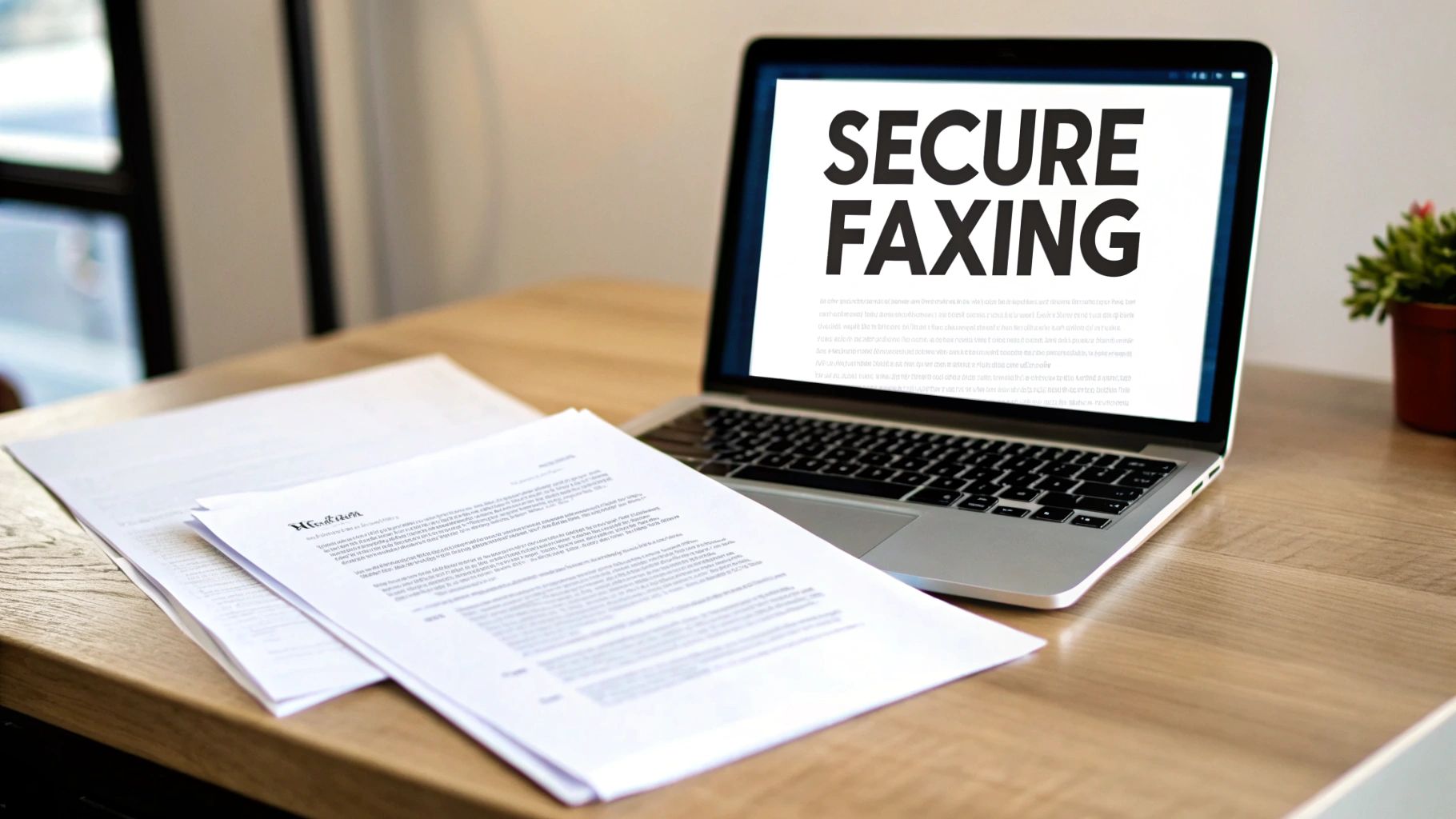 A laptop displaying 'Secure Faxing' on its screen sits on a wooden desk with paper documents.