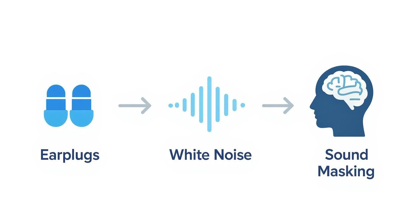 A diagram illustrates earplugs and white noise as methods leading to sound masking.