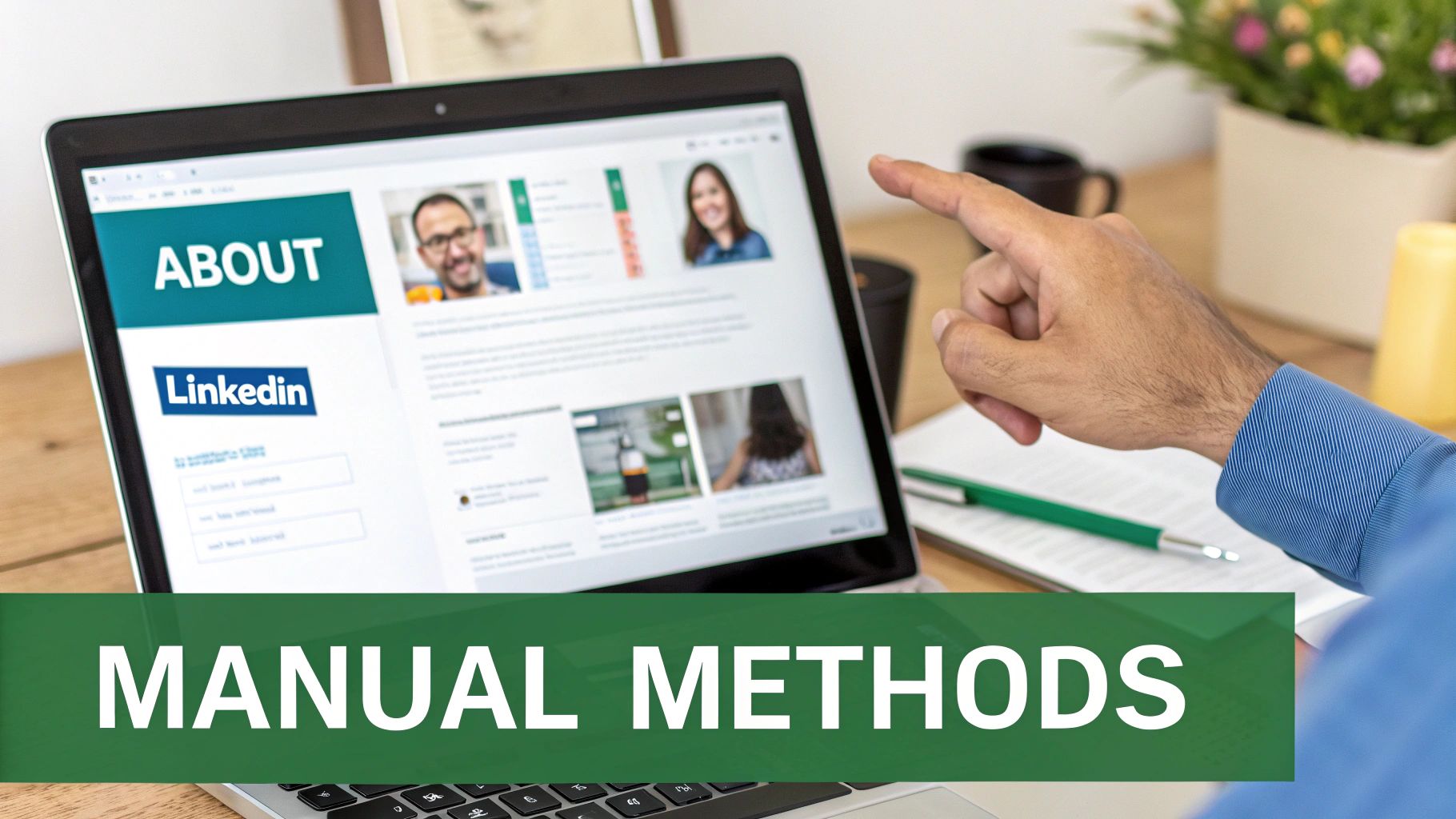 A person points at a laptop displaying a LinkedIn profile with the text 'ABOUT' and 'MANUAL METHODS'.