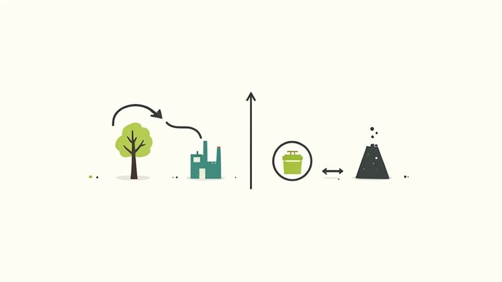 Diagram showing a tree leading to a factory, contrasted with a container and a smoking waste pile.