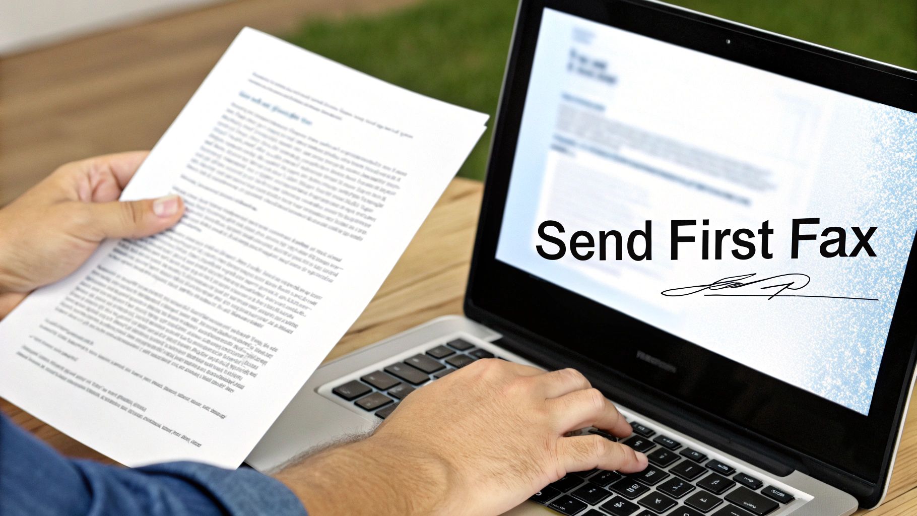 A person holding a document and typing on a laptop, preparing to send their first fax digitally.
