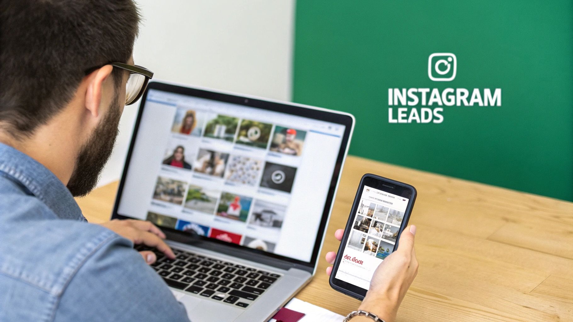 A man uses a laptop and smartphone, both displaying Instagram feeds, with 'INSTAGRAM LEADS' text on a green wall.
