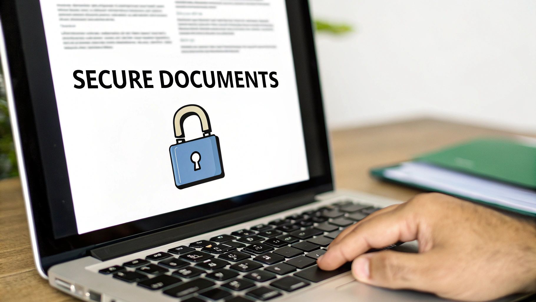 A person sitting at a desk and reviewing a document on a computer screen, representing online document security.