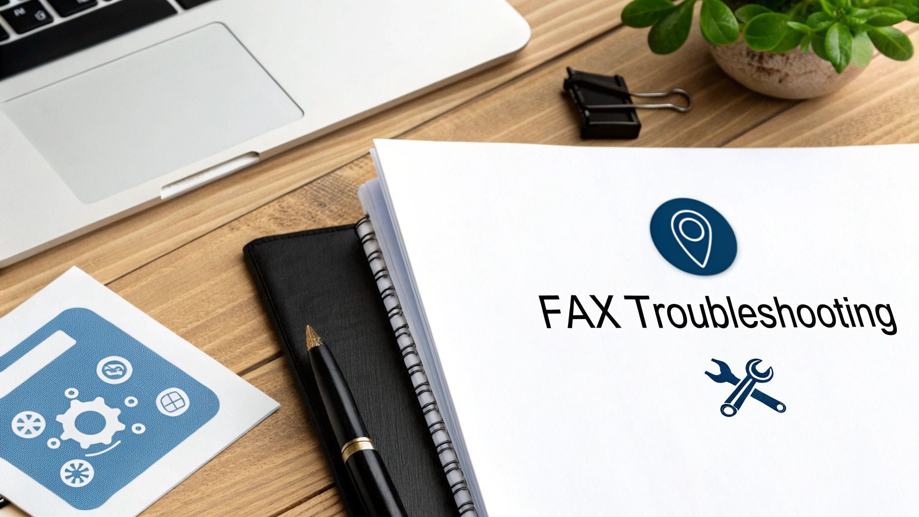 Overhead view of a wooden desk with a laptop, pen, plant, and a 'FAX Troubleshooting' document.