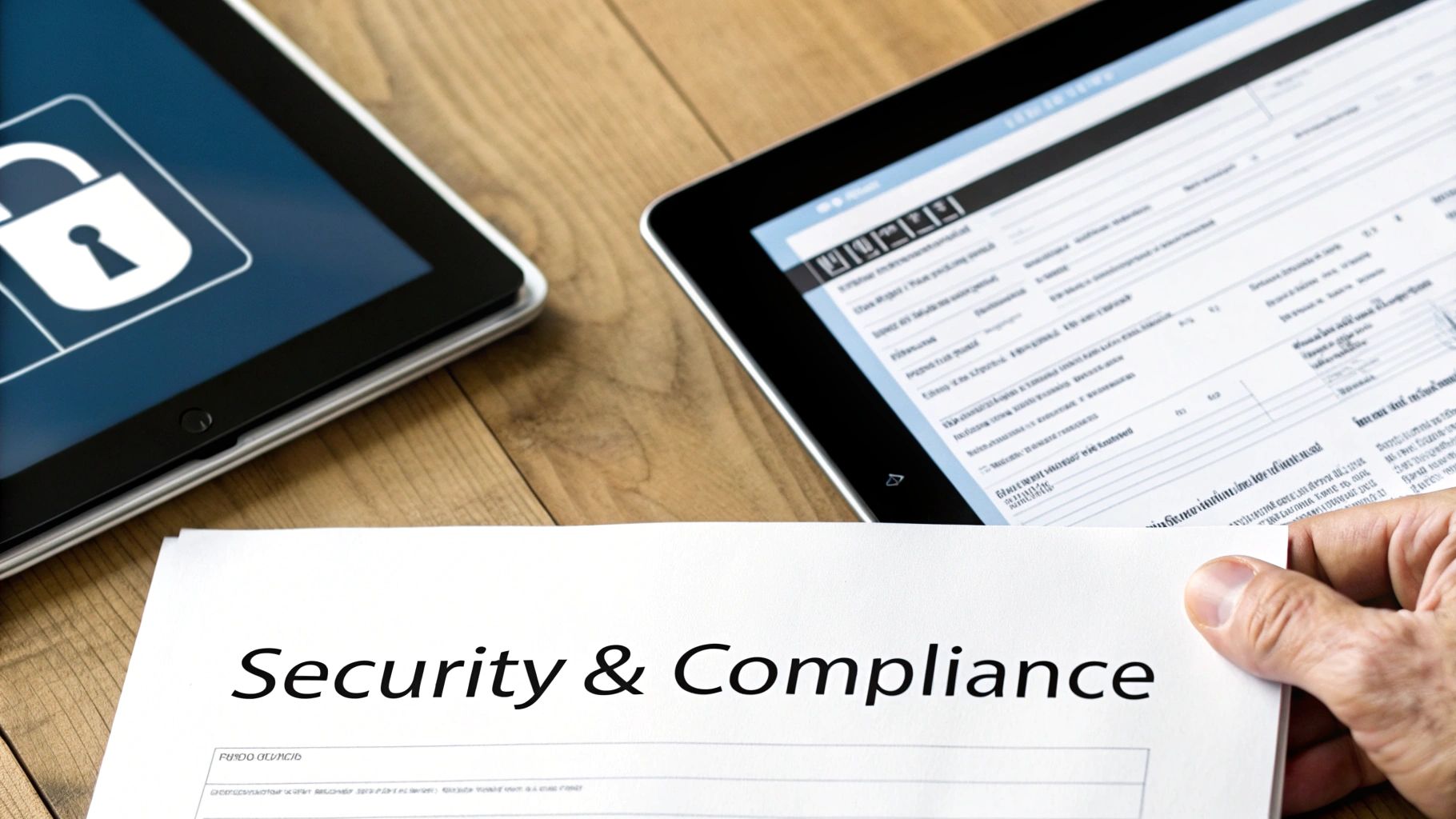 A hand holds a document titled 'Security & Compliance' with tablets showing digital security and data.