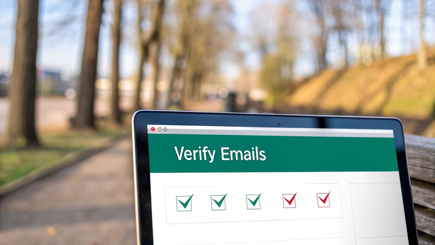 A laptop screen outdoors displaying 'Verify Emails' with green and red checkmarks.