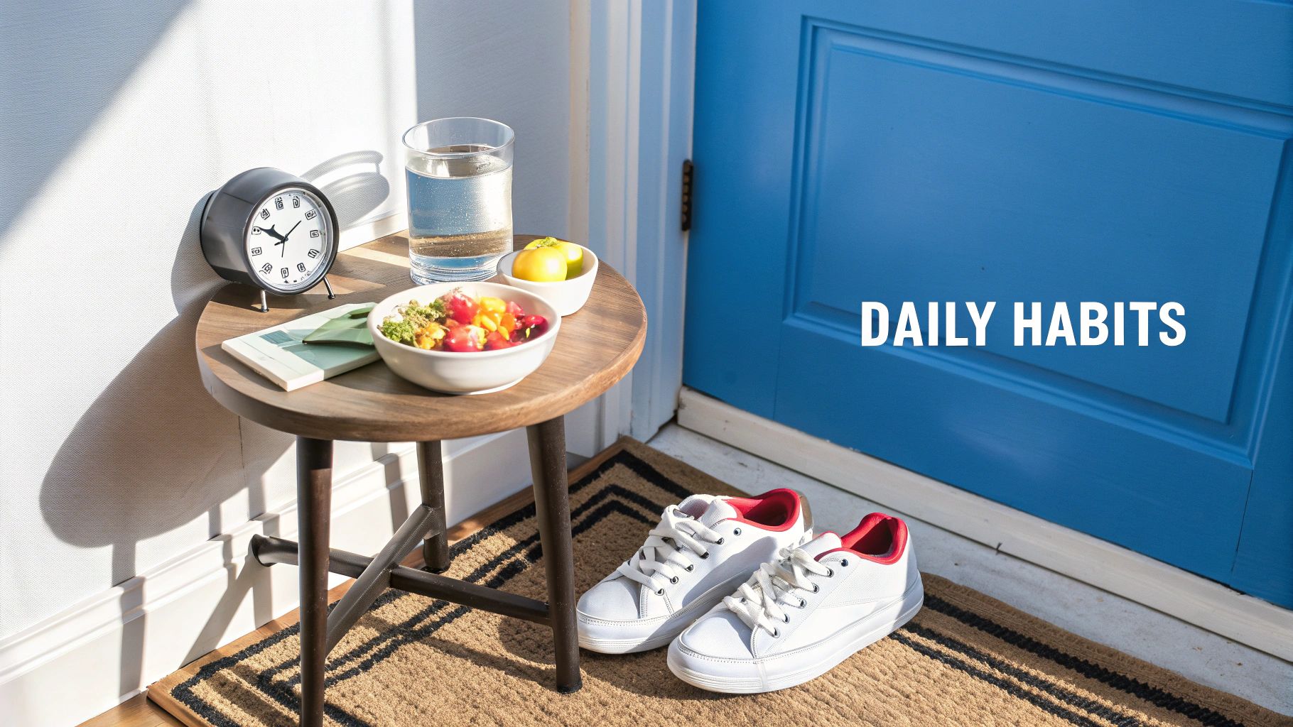 A person stretching in the morning with sunlight streaming through the window.