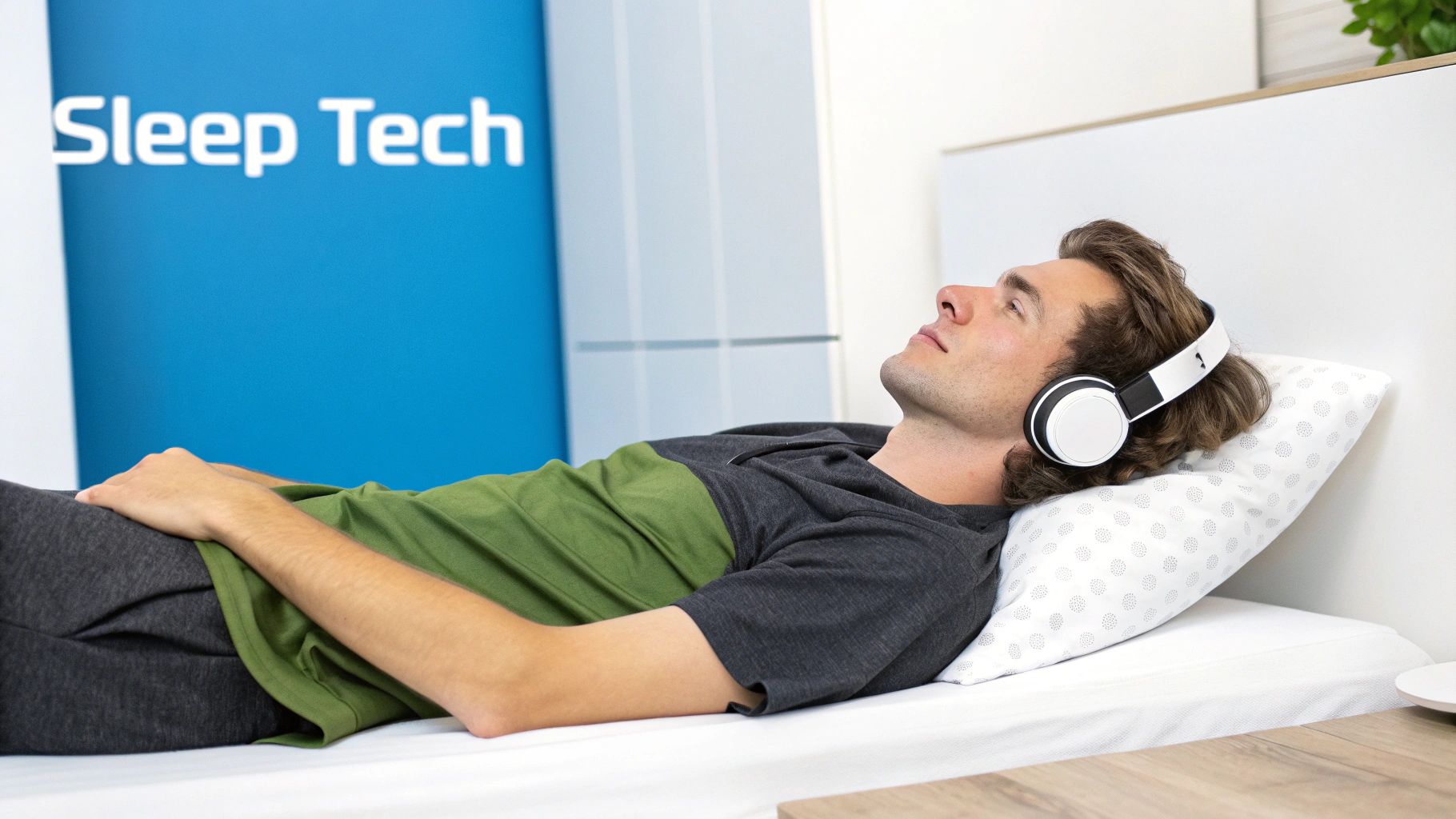 Person comfortably wearing sleep headphones in bed.