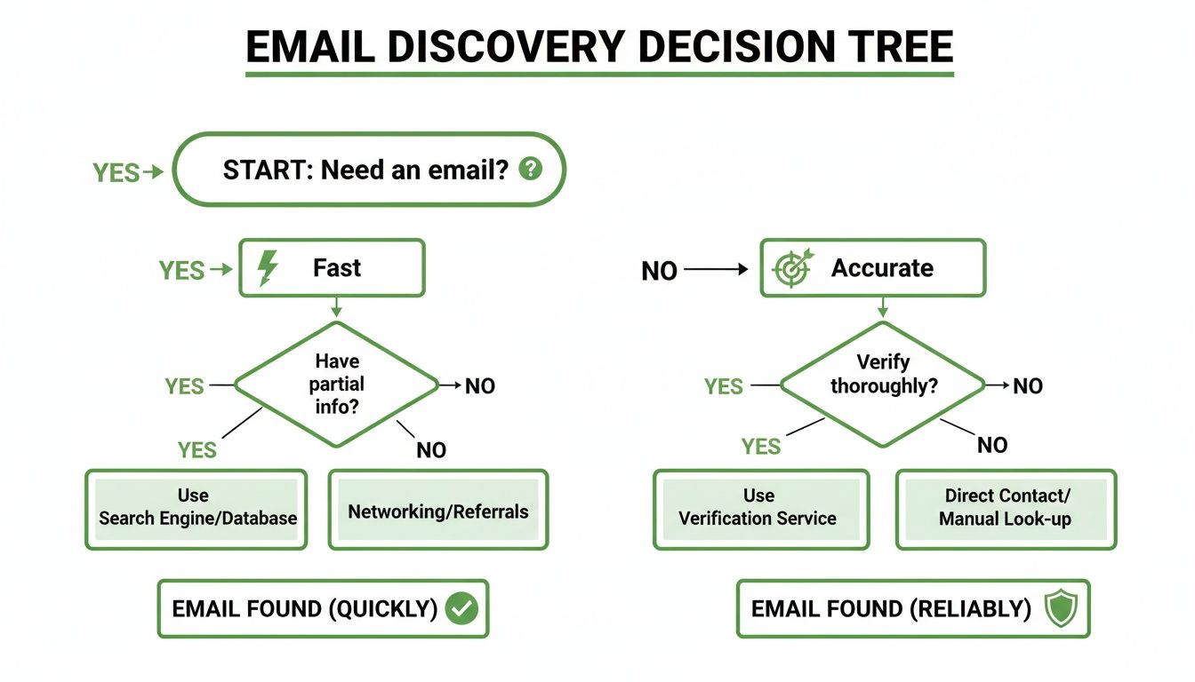 Decision tree illustrating methods to find email addresses quickly or accurately based on needs.