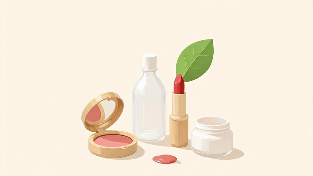 Woman applying eco-friendly lipstick, surrounded by green leaves, symbolizing sustainable makeup