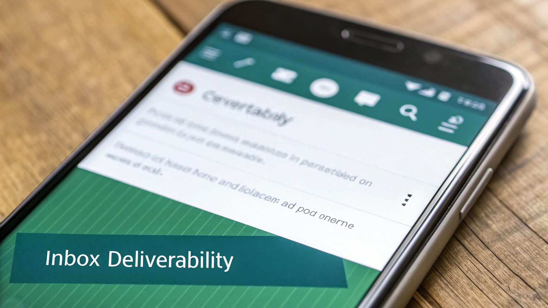 A smartphone displaying an email inbox application with 'Inbox Deliverability' text overlay, on a wooden table.